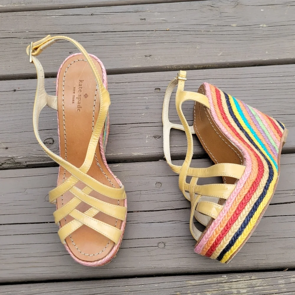 Kate‎ Spade Lindsey Nude Leather Strappy Rainbow Espadrille Platform Sandals 7.5